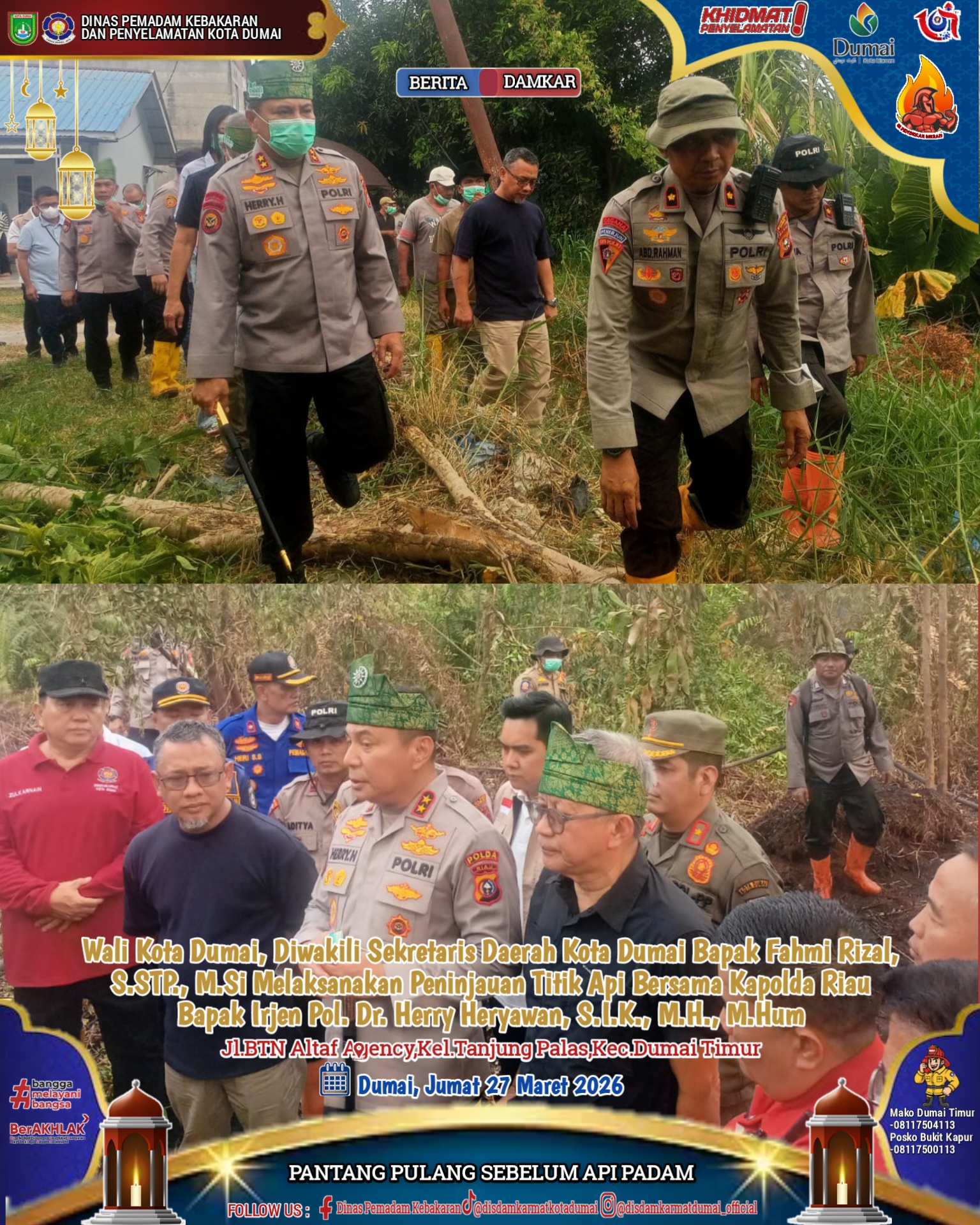 Wali Kota Dumai, Diwakili Sekretaris Daerah Kota Dumai Bapak Fahmi Rizal, S.STP., M.Si melaksanakan peninjauan titik api bersama Kapolda Riau Bapak Irjen Pol. Dr. Herry Heryawan, S.I.K., M.H., M.Hum