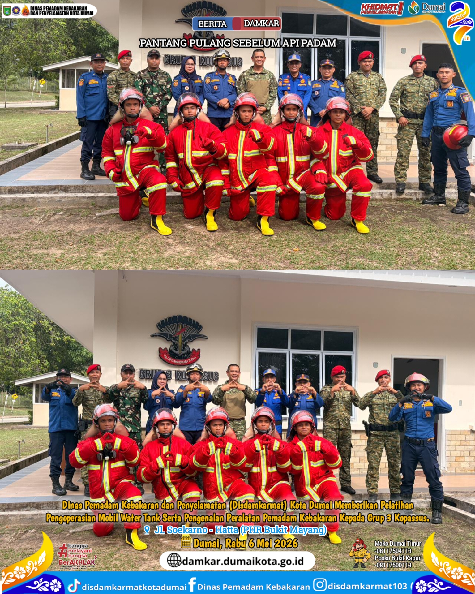 Dinas Pemadam Kebakaran dan Penyelamatan (Disdamkarmat) Kota Dumai memberikan pelatihan pengoperasian mobil water tank serta pengenalan alat pemadam kebakaran kepada personel Grup 3 Kopassus,