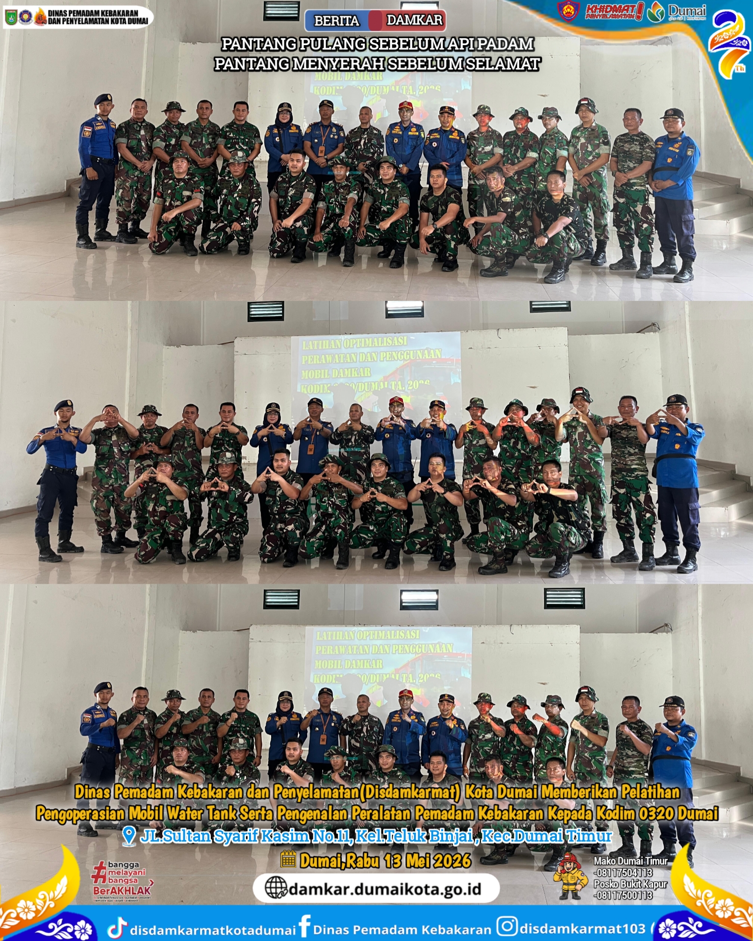 Dinas Pemadam Kebakaran dan Penyelamatan (Disdamkarmat) Kota Dumai memberikan pelatihan pengoperasian mobil water tank serta pengenalan alat pemadam kebakaran kepada personel Kodim 0320 Dumai,