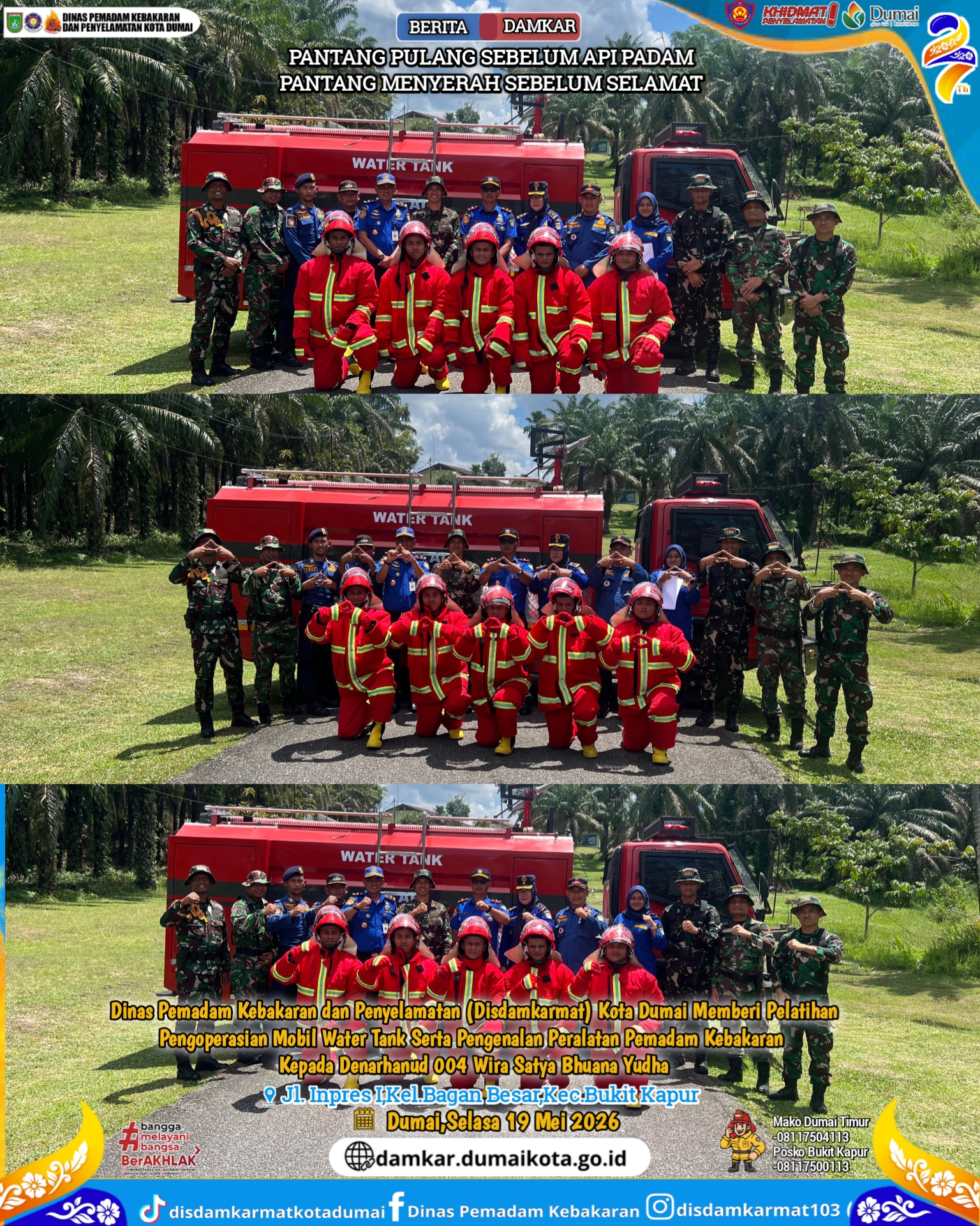 Dinas Pemadam Kebakaran dan Penyelamatan (Disdamkarmat) Kota Dumai memberikan pelatihan pengoperasian mobil water tank serta pengenalan alat pemadam kebakaran kepada personel Rudal 004 ,