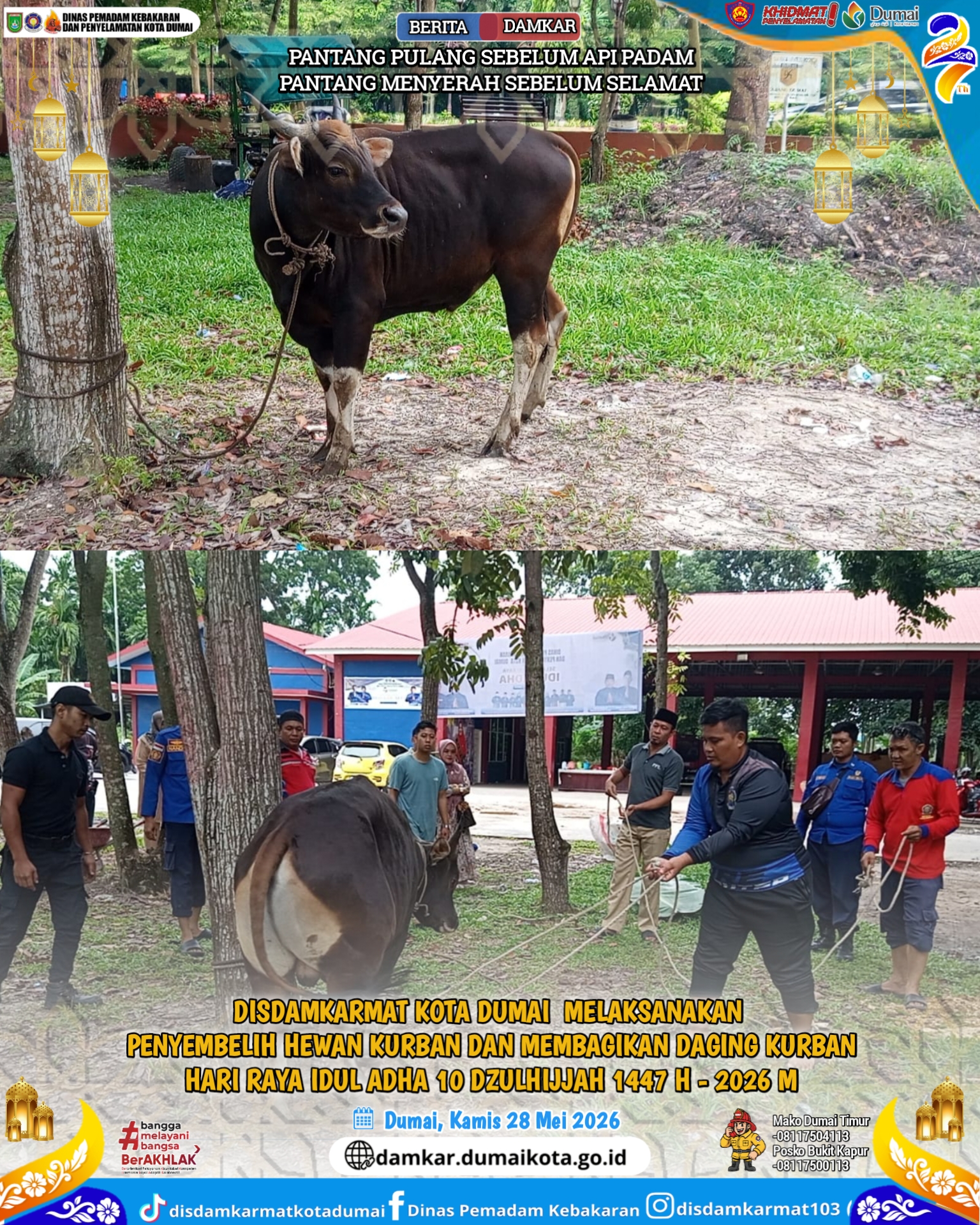 Disdamkarmat Kota Dumai Melaksanakan  Penyembelih  Hewan Kurban Dan Membagikan Daging Kurban Hari Raya Idul Adha 10 Dzulhijjah 1447 H - 2026 M
